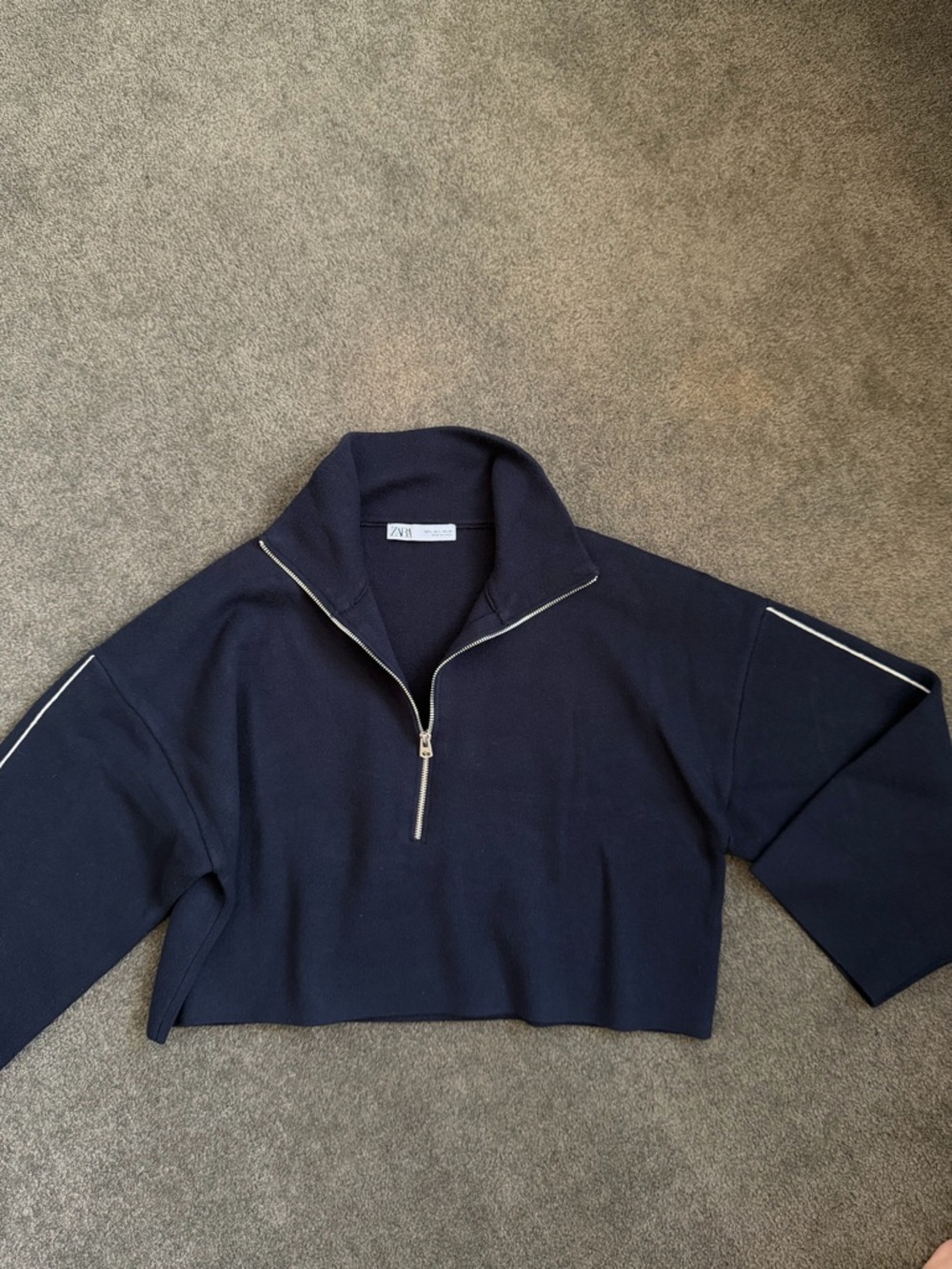 Zara Navy Cropped Half-Zip Sweater with Silver Trim